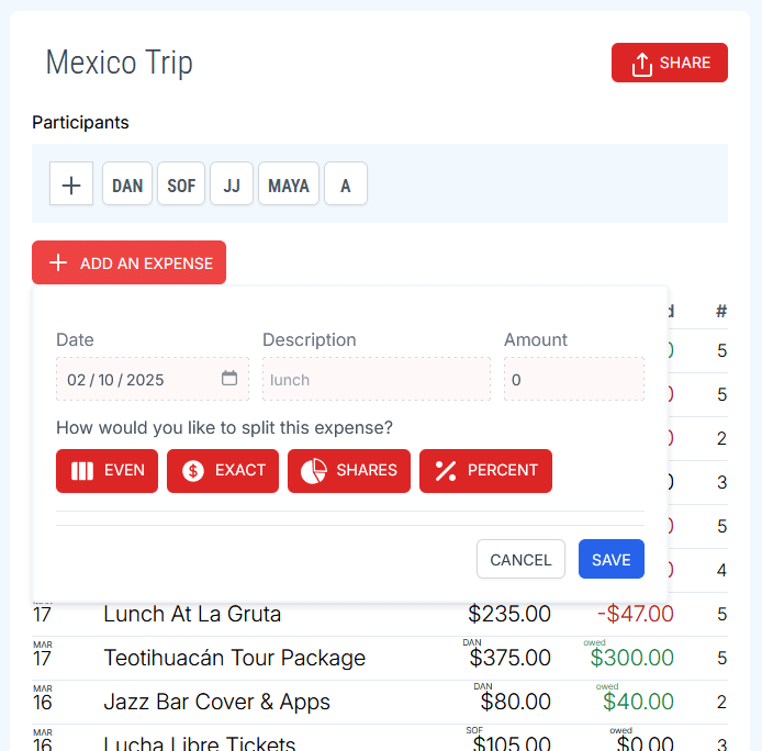 Adding a new expense to the report